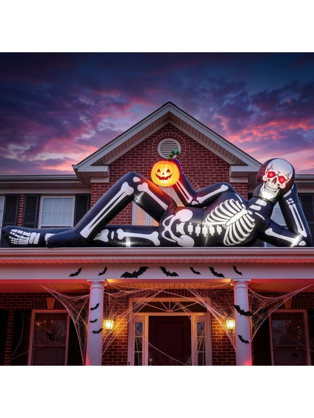 🎃12FT Halloween Inflatable Lying Skeleton Holding Pumpkin Trunk Outdoor Decor